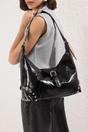 Black Studded Patent Buckle Hobo Shoulder Bag, Image 1 of 5
