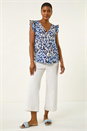 Blue Animal Print Frill Sleeve Blouse, Image 2 of 5