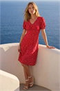 Red Spot Print Gathered Stretch Dress, Image 2 of 4