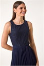 Navy  Pleated Lace Detail Midi Dress, Image 4 of 6