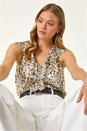 Beige Animal Print Ruffle Front Vest Top, Image 1 of 5
