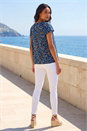 Navy  Printed Ruffle V-Neck Stretch Top, Image 3 of 4