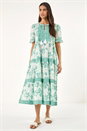 Teal Floral Print Tiered Midi Dress, Image 1 of 5