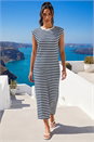 Navy Ribbed Stripe Cap Sleeve Midi Dress, Image 1 of 4