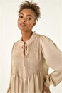 Stone Satin Pleated Tie Neck Top, Image 5 of 7