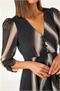 Black Stripe Print V-Neck Hanky Hem Midi Dress, Image 5 of 5
