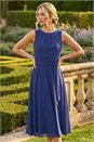 Navy Chiffon Pleated Neck Midi Dress, Image 1 of 4