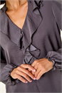 Grey Satin Ruffle Front V-Neck Top, Image 5 of 5