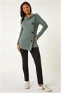 Khaki Cowl Neck Button Stretch Top, Image 2 of 5