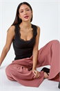 Black Ruched Lace Trim Top, Image 1 of 5