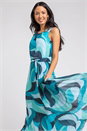 Turquoise Abstract Print Pleated Chiffon Maxi Dress, Image 5 of 5