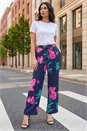 Navy Floral Textured Pull On Trouser, Image 1 of 5