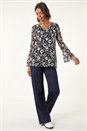 Black Floral Print V-Neck Stretch Lace Top, Image 3 of 6