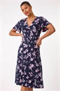 Navy Floral Print Wrap Over Midi Dress, Image 1 of 5