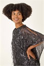 Dark Grey Sequin Mesh Chiffon Hem Top, Image 4 of 5
