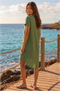 Khaki Front Pleat Curved Hem Shift Dress, Image 3 of 4