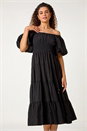 Black Puff Sleeve Tiered Midi Dress, Image 2 of 6