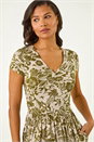 Khaki Floral Print Ruched Stretch Midi Dress, Image 4 of 5