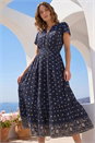 Navy Petite Border Print V-Neck Dress, Image 1 of 4