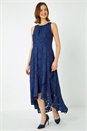 Navy Sleeveless Jacquard Dipped Hem Midi Dress, Image 1 of 5
