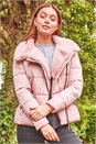 Pink Faux Fur Collar Padded Biker Coat, Image 1 of 5