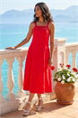Red Linen Blend Lace Trim Midi Dress, Image 2 of 4