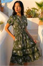 Khaki Petite Floral Print Shirred Midi Dress , Image 2 of 4