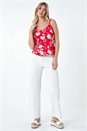 Coral Ditsy Floral Lace Trim V-Neck Top, Image 2 of 5