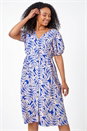 Blue Petite Leaf Print Button Midi Dress, Image 2 of 5