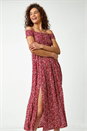 Red Floral Shirred Bardot Maxi Dress, Image 1 of 6