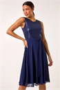 Navy  Sequin Bodice Betlted Chiffon Dress, Image 2 of 5