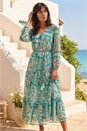 Green Printed Metallic Tie Waist Maxi Dress , Image 2 of 4