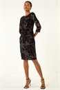 Black Floral Flock Pleat Detail Dress, Image 2 of 5