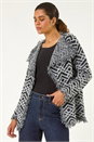 Black Geometric Fringe Collared Cardigan, Image 1 of 5