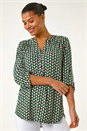 Green Abstract Print V-Neck Button Stretch Shirt, Image 4 of 5