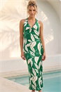 Green Floral Print Satin Bias Cut Bodycon Dress, Image 4 of 4