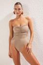 Taupe Ruched Sweetheart Neck Strappy Swimsuit, Image 2 of 6