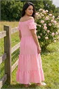PINK Dusk Gingham Bardot Tiered Maxi Dress, Image 3 of 4
