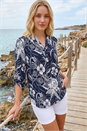Navy Textured Floral Print V-Neck Stretch Shirt, Image 1 of 4