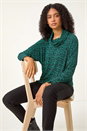 Green Print Relaxed Cowl Neck Tunic Top, Image 4 of 5