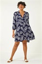 Navy  Curve Leaf Print Wrap Smock Dress, Image 2 of 5