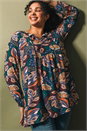 Teal Curve Floral Gathered Tie Front Top, Image 1 of 7