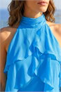 Turquoise Petite Halter Neck Ruffle Shift Dress, Image 4 of 4