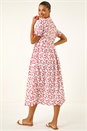 Red Embroidered Buttoned Midi Dress, Image 3 of 5
