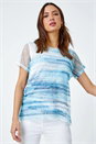 Blue Stripe Print Mesh Overlay Top , Image 2 of 5