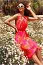 Cerise Floral Print Chiffon Shirred Asymmetric Dress, Image 6 of 6
