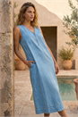 Light Denim Zip Front Sleeveless Midi Dress, Image 1 of 4