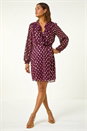 Wine Foil Print V-Neck Fit & Flare Ruffle Dress, Image 1 of 5