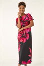 Red Floral Print Flutter Sleeve Midi Dress, Image 2 of 5