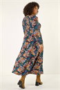 Teal Curve Floral Print Shirred Midi Dress, Image 4 of 7
